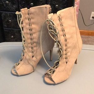 Jenni Rivera nude suede lace up open toe bootie